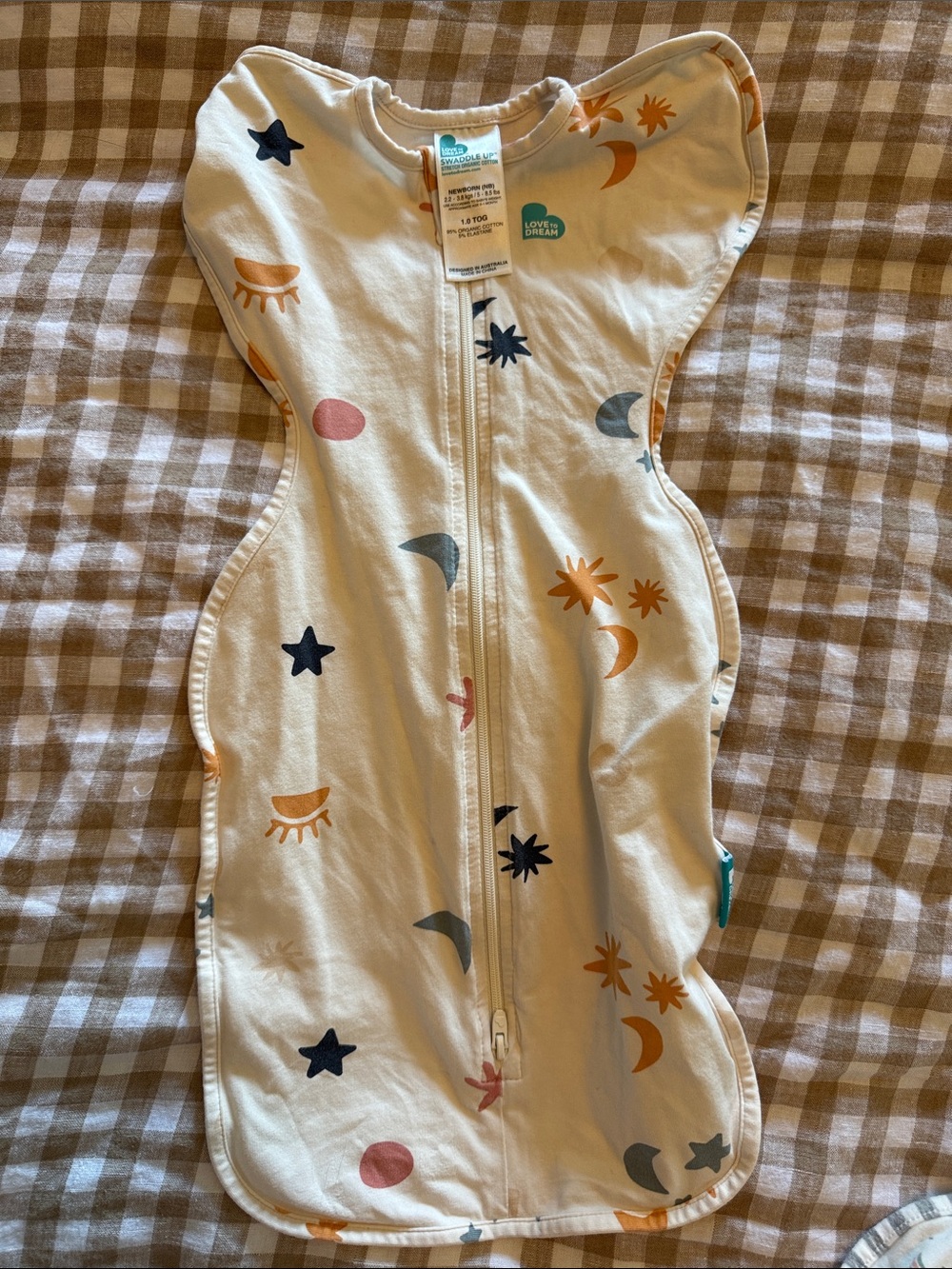 Love to dream cream sleep sack with navy, mustard, gray, pink celestial print